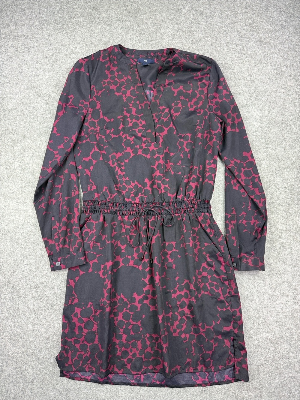 GAP Black Dress with Burgundy Floral Print and Drawstring Waist